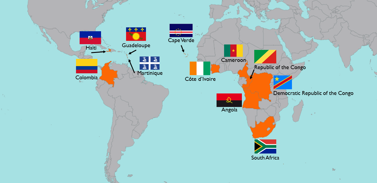map highlighting source countries and flags of dance music genres from Africa and the African diaspora